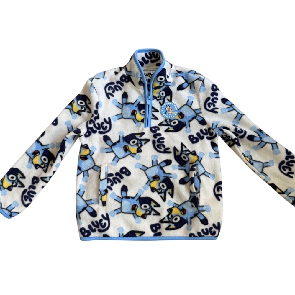 Bluey Kids Fleece Quarter Zip Pullover Sweatshirt Blue White XS 4-5